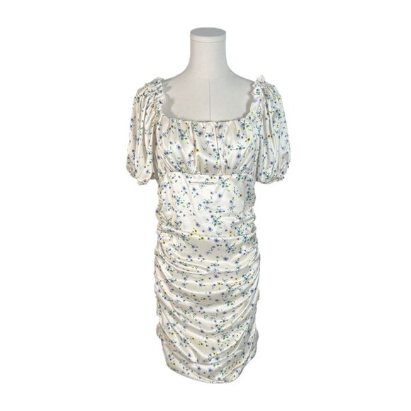 70/21 Dresses & Skirts - 70/21 Satin Off White Floral Ruched Puff Short Sleeve Dress Size Medium